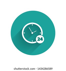 White Clock 24 hours icon isolated with long shadow. All day cyclic icon. 24 hours service symbol. Green circle button. Vector Illustration