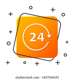 White Clock 24 hours icon isolated on white background. All day cyclic icon. 24 hours service symbol. Orange square button. Vector Illustration