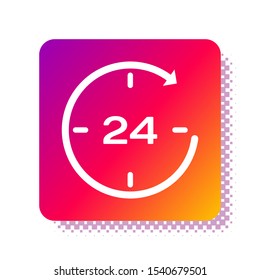 White Clock 24 hours icon isolated on white background. All day cyclic icon. 24 hours service symbol. Square color button. Vector Illustration