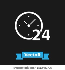 White Clock 24 hours icon isolated on black background. All day cyclic icon. 24 hours service symbol.  Vector Illustration
