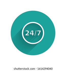 White Clock 24 hours icon isolated with long shadow. All day cyclic icon. 24 hours service symbol. Green circle button. Vector Illustration