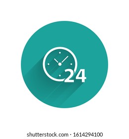 White Clock 24 hours icon isolated with long shadow. All day cyclic icon. 24 hours service symbol. Green circle button. Vector Illustration