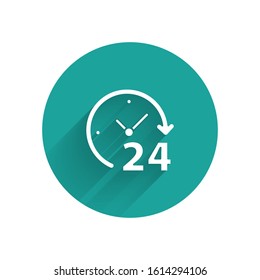 White Clock 24 hours icon isolated with long shadow. All day cyclic icon. 24 hours service symbol. Green circle button. Vector Illustration