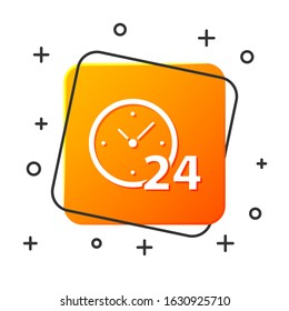 White Clock 24 hours icon isolated on white background. All day cyclic icon. 24 hours service symbol. Orange square button. Vector Illustration