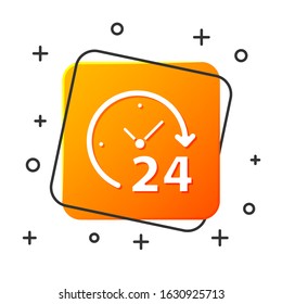 White Clock 24 hours icon isolated on white background. All day cyclic icon. 24 hours service symbol. Orange square button. Vector Illustration