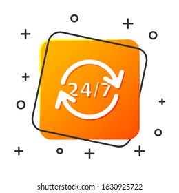 White Clock 24 hours icon isolated on white background. All day cyclic icon. 24 hours service symbol. Orange square button. Vector Illustration