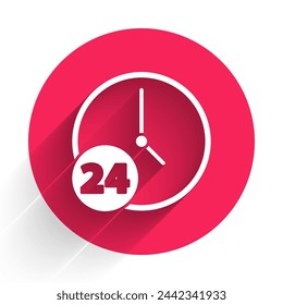 White Clock 24 hours icon isolated with long shadow. All day cyclic icon. 24 hours service symbol. Red circle button. Vector Illustration