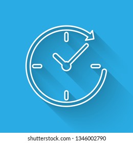 White Clock with arrow icon isolated with long shadow. Time symbol. Clockwise rotation icon arrow and time. Vector Illustration