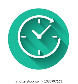 White Clock with arrow icon isolated with long shadow. Time symbol. Clockwise rotation icon arrow and time. Green circle button. Vector Illustration