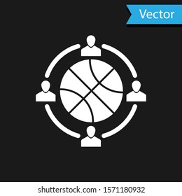 White Clock with basketball ball inside icon isolated on black background. Basketball time. Sport and training.  Vector Illustration