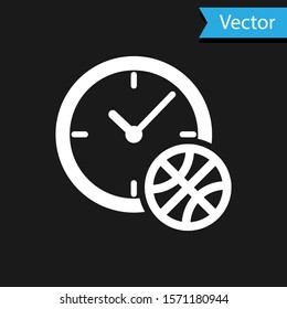 White Clock with basketball ball inside icon isolated on black background. Basketball time. Sport and training.  Vector Illustration