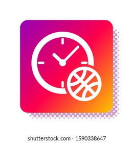 White Clock with basketball ball inside icon isolated on white background. Basketball time. Sport and training. Square color button. Vector Illustration