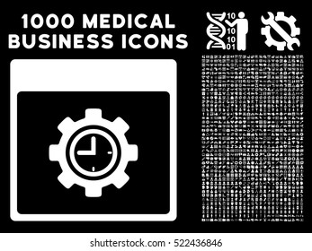 White Clock Configuration Gear Calendar Page vector icon with 1000 medical business pictograms. Set style is flat symbols, white color, black background.