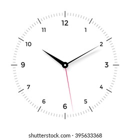 White Clock Face For With Black And Red Pointer On White Background. Vector Illustration