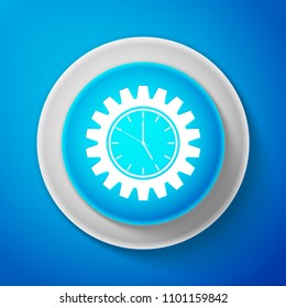 White Clock gear icon isolated on blue background. Circle blue button with white line. Vector Illustration
