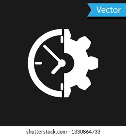 White Clock and gear icon isolated on black background. Time Management symbol. Business concept. Vector Illustration