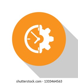 White Clock and gear icon isolated on white background. Time Management symbol. Business concept. Orange circle button. Flat design. Vector Illustration