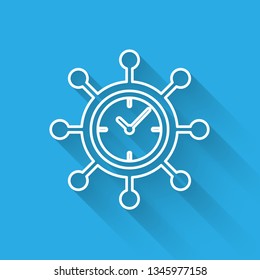 White Clock and gear icon isolated with long shadow. Time Management symbol. Business concept. Hub and spokes and clock solid icon. Vector Illustration