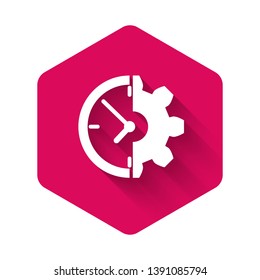White Clock and gear icon isolated with long shadow. Time Management symbol. Business concept. Pink hexagon button. Vector Illustration