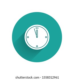 White Clock icon isolated with long shadow. Time symbol. Merry Christmas and Happy New Year. Green circle button. Vector Illustration