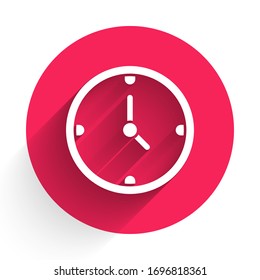 White Clock icon isolated with long shadow. Time symbol. Red circle button. Vector Illustration
