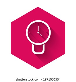 White Clock icon isolated with long shadow. Time symbol. Pink hexagon button. Vector