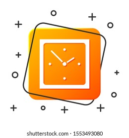 White Clock icon isolated on white background. Time symbol. Orange square button. Vector Illustration