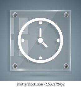 White Clock icon isolated on grey background. Time symbol. Square glass panels. Vector Illustration