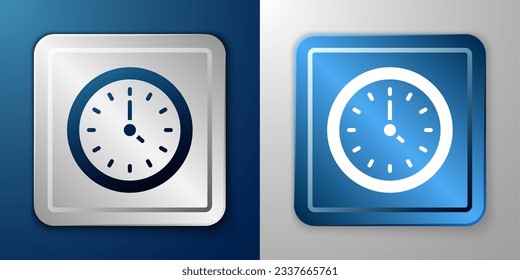 White Clock icon isolated on blue and grey background. Time symbol. Silver and blue square button. Vector