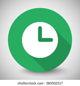 White Clock icon with long shadow on green circle