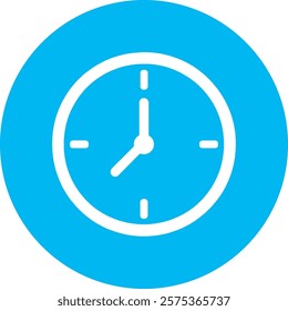 A white clock icon on a light blue circular background, symbolizing time management, punctuality, and efficiency. The design reflects the importance of time, encouraging organization and a well-struct