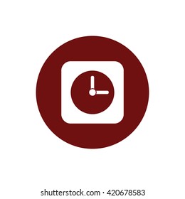 White clock icon vector illustration. Red circle. Red button