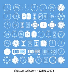 White clock line icons isolated on blue background. Simple watches pack. Time concept. Vector illustration