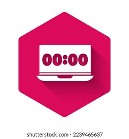 White Clock on laptop screen icon isolated with long shadow. Schedule concepts. Pink hexagon button. Vector