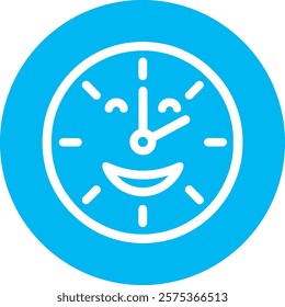 A white clock with a smiling face icon on a light blue circular background, symbolizing time, positivity, and happiness. The design brings a cheerful touch to time management, promoting a balanced and