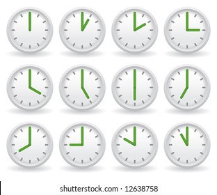 white clocks showing different time