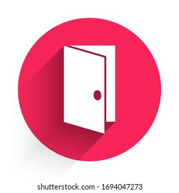 White Closed door icon isolated with long shadow. Red circle button. Vector Illustration