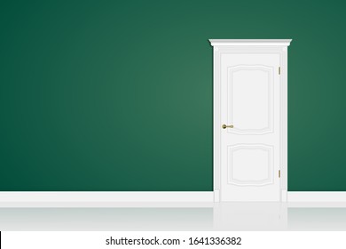 White closed door on green wall in room. Design mock up for copy past. Vector 3d illustration