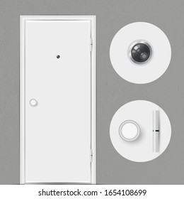 White closed door with a peephole isolated on grey background. Peephole, door handle and door hinge close-up. Vector illustration.