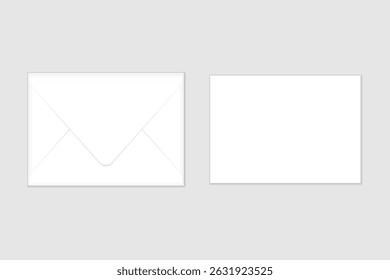 White closed envelope and flat card mockup template for your design or business. Euro flap luxury mailing envelope with greeting card for wedding, invitations, graduation, birthday, party.