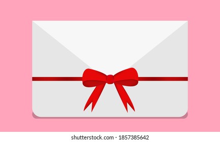 White closed envelope with a red satin bow. Love message. Vector illustration. Delivery of letters. Vector icon