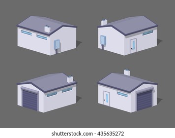 White closed garage. 3D lowpoly isometric vector illustration. The set of objects isolated against the grey background and shown from different sides