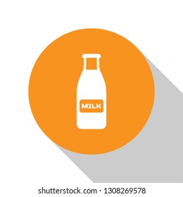 White Closed glass bottle with milk and cap icon isolated on white background. Orange circle button. Flat design. Vector Illustration