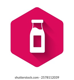 White Closed glass bottle with milk icon isolated with long shadow background. Pink hexagon button. Vector