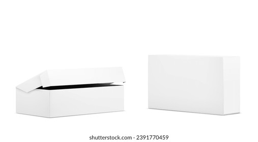 Mochila de caja de cartón blanca cerrada y abierta. Conjunto de ilustraciones vectoriales realistas del paquete de cartón en blanco para concepto de entrega o regalo. El paquete de papel rectangular se burla de la presentación corporativa y de la marca.