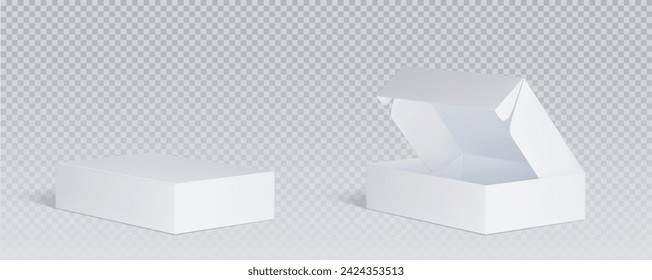 Vista de ángulo superior de la maqueta de la caja de cartón blanca cerrada y abierta. Conjunto de ilustración vectorial realista de paquete de cartón en blanco para la entrega o el concepto de regalo. Paquete de papel bajo rectangular con cubierta de maqueta.