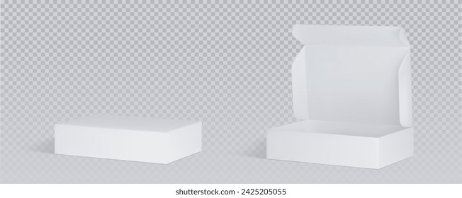 White closed and open cardboard box mockup top angle view. Realistic vector illustration set of blank carton package for delivery or gift concept. Rectangular low paper pack with cover mock up.