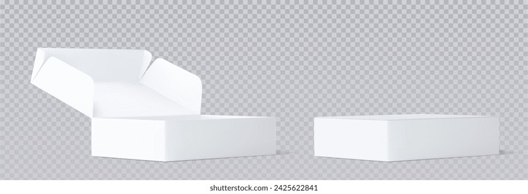 White closed and open cardboard box mockup top angle view. Realistic vector illustration set of blank carton package for delivery or gift concept. Rectangular low paper pack with cover mock up.