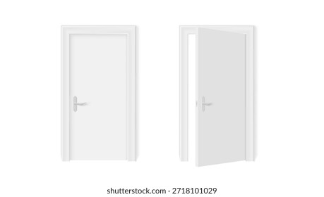 White Closed And Open Door With Frame And Shadows On Gray Wall. EPS10 Vector