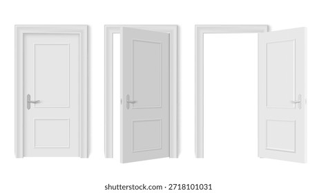 Puerta Blanca Cerrada Y Abierta Con Marco Y Sombras En Pared Gris. Vector EPS10